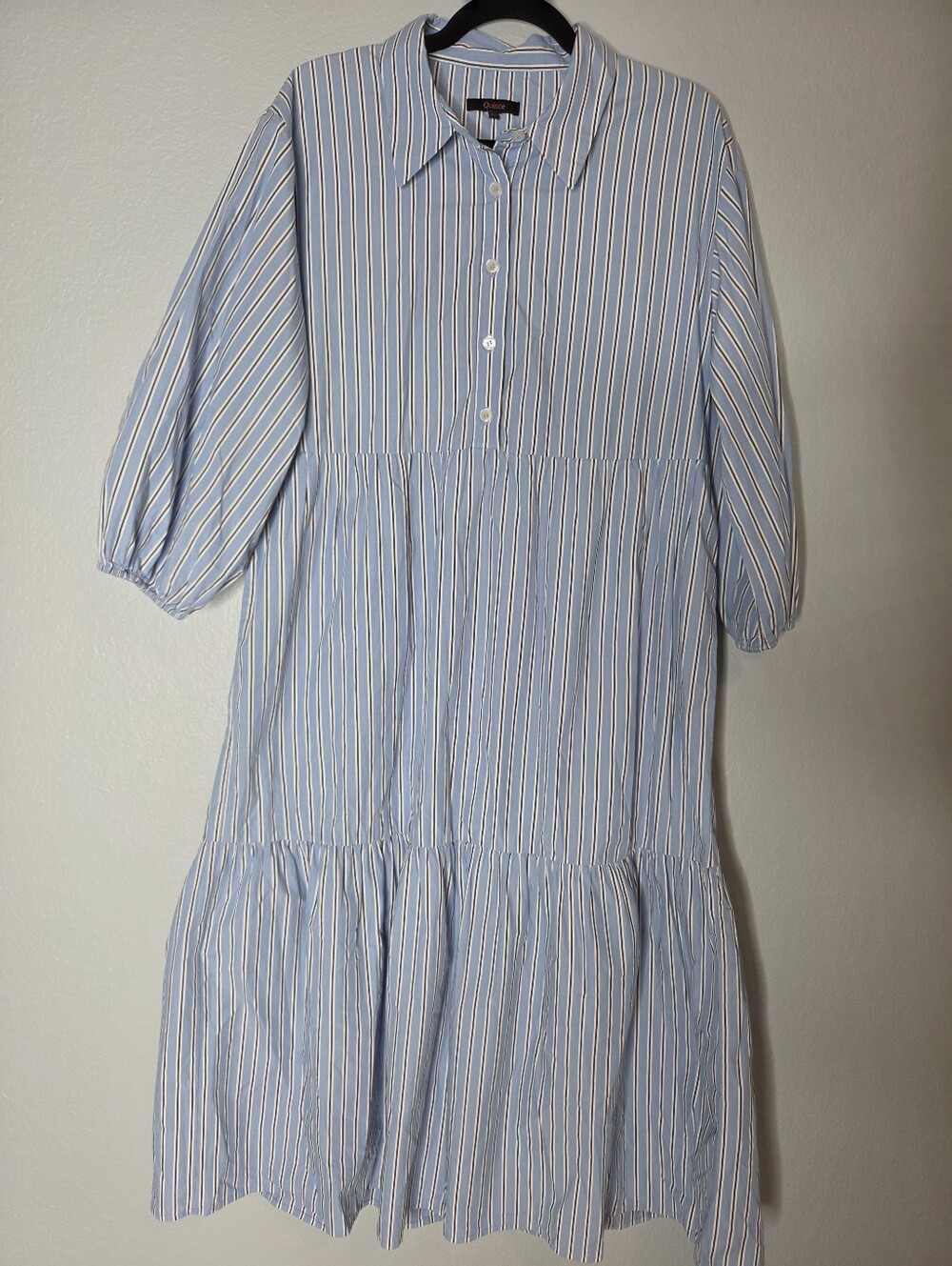 Quince 100% Organic Cotton Poplin Midi Tunic Dress Large Blue Stripe